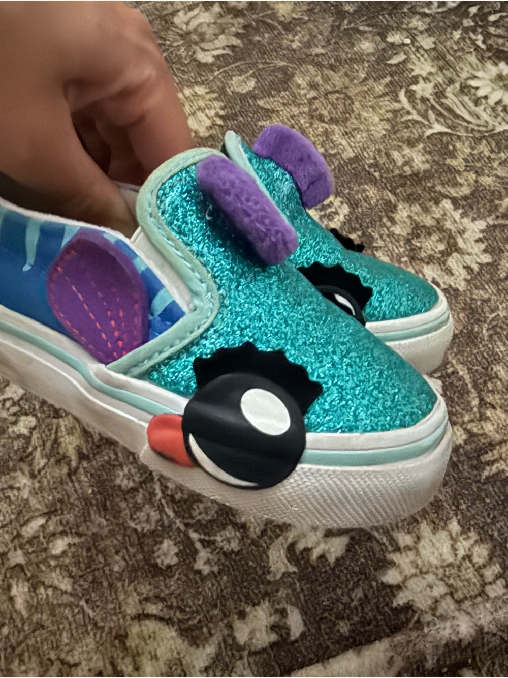 Vans Kids Teal Glitter Slip-On Sneakers with Purple Ear Accents